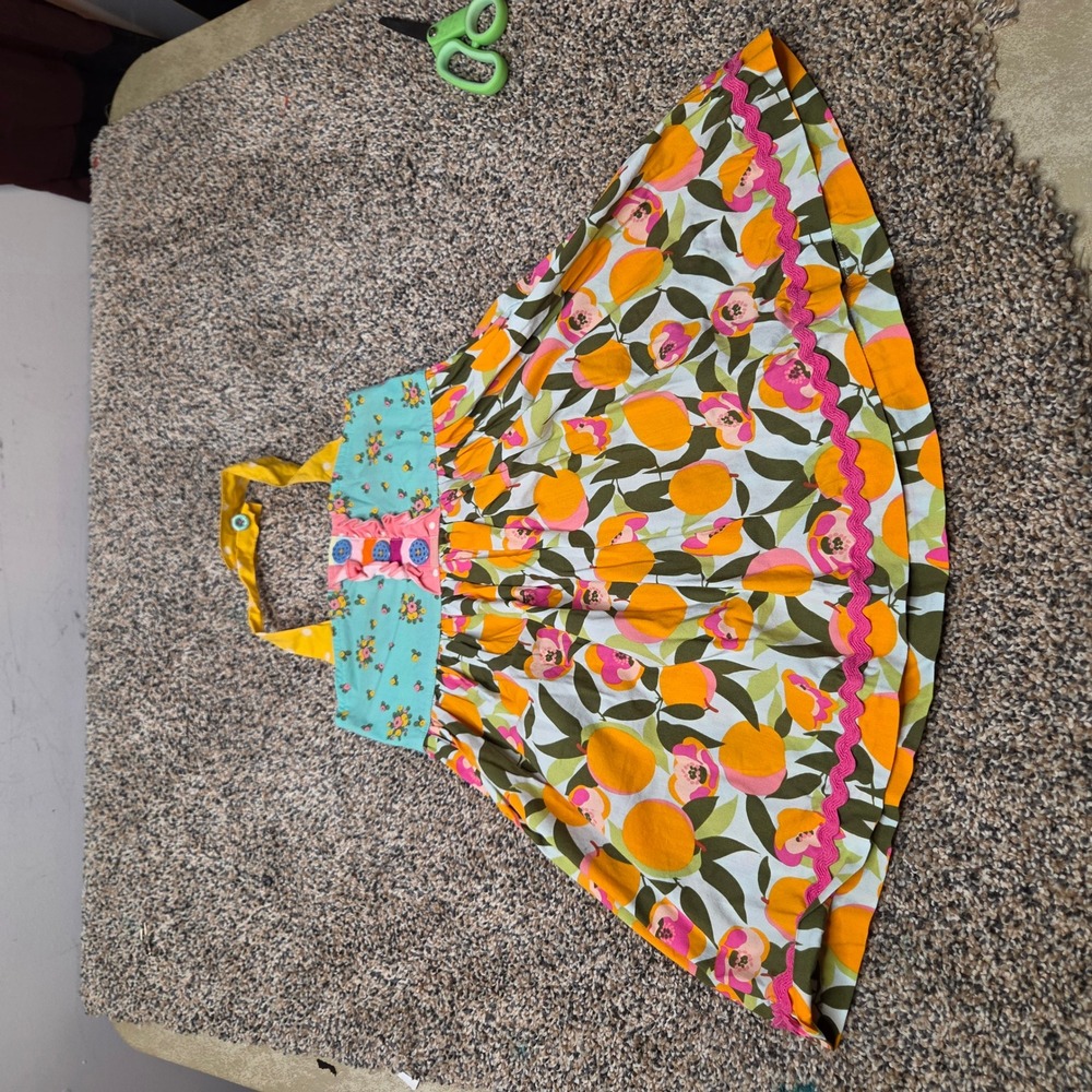 Matilda Jane Girls Peach Floral Halter Dress Orange Teal Ric Rac Size 4
